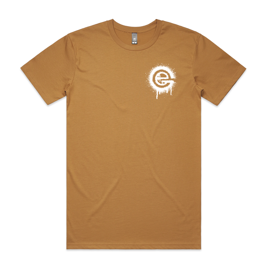 European Garage men's small spray Logo T-Shirt- Camel